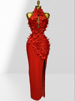 OEM-Service Maßgeschneidertes Logo Damen Rotes Bandage-Kleid 3D-Blumenapplikation Bodycon Maxikleid Formelle Feier 2026 Großhandel