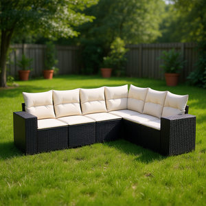 Ensemble de salon de jardin en rotin blanc crème et noir avec coussins, 6 places, mobilier d'extérieur, design contemporain - Product Image 2