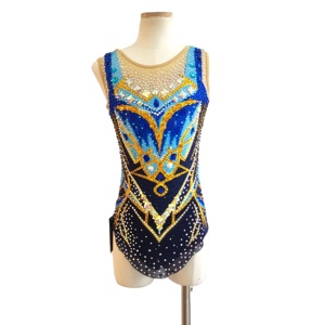 LIUHUO Body da Ginnastica Ritmica Blu con Motivo Intricato di Strass, Design Senza Maniche, Costume da Esibizione per Ragazze JC359 - Product Image 1
