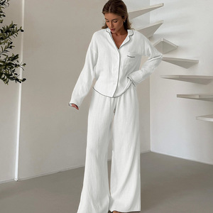 Pigiama lunga <span class=keywords><strong>da</strong></span> donna a doppio strato di <span class=keywords><strong>cotone</strong></span> crêpe in <span class=keywords><strong>cotone</strong></span> liscio semplice comodo <span class=keywords><strong>da</strong></span> indossare per la casa a maniche lunghe - Product Image 6