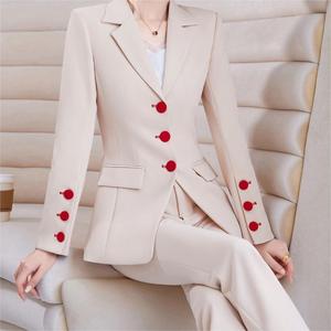 Rode Single Breasted Lange Mouw Career <span class=keywords><strong>Blazer</strong></span> Formele Lange Broek Dames 2-delige Pak Sets Mode - Product Image 4