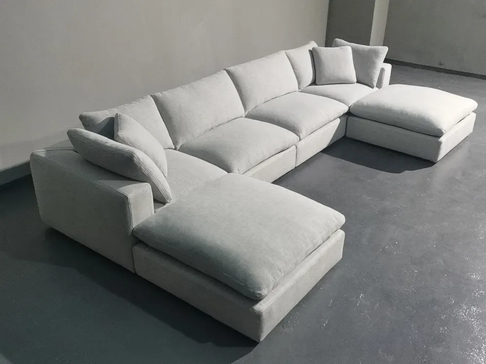 白色丝绒亚麻沙发布艺沙发套装客厅家具现代l形云沙发