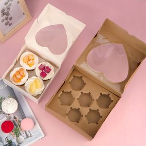 Wholesale 4 Cavity Cupcake Boxes with Heart Shape <b>Clear</b> Window, Foldable Kraft & White Paper Muffin Packaging Box with Insert - Product Image 4