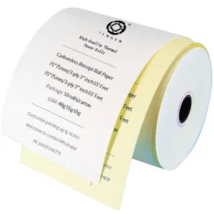 Carta per registratore di cassa autocopiante di fabbrica 75*60/75mm 65 60gsm 2Ply carta autocopiante rotolo di carta per ricevute bianco/giallo