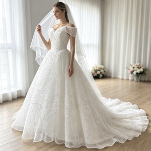 Nuevo Diseño Elegante <span class=keywords><strong>de</strong></span> Lentejuelas Vestido <span class=keywords><strong>de</strong></span> <span class=keywords><strong>Novia</strong></span> <span class=keywords><strong>de</strong></span> Gala con Hombros Descubiertos y Cuello en V Manga Corta Encaje Moderno Teñido Liso - Product Image 4