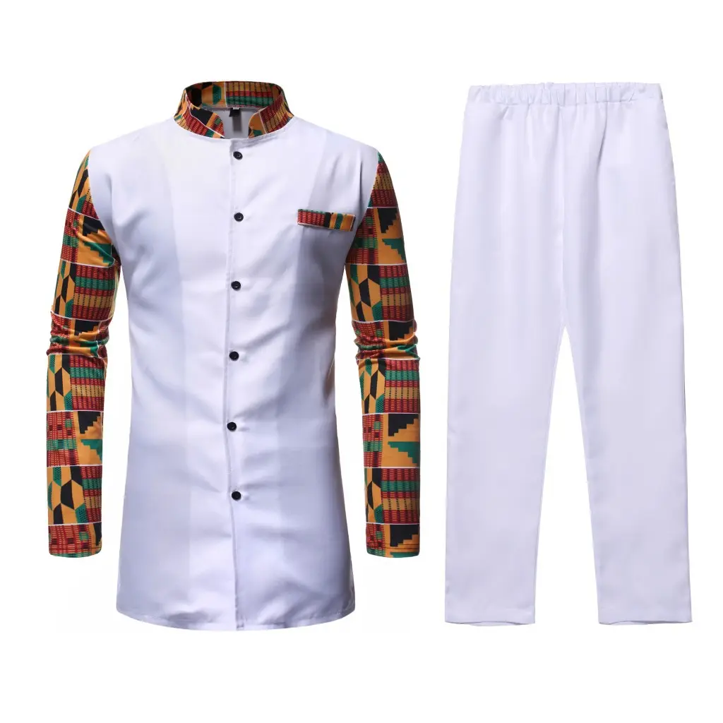 Venta caliente trajes para hombres de color blanco top y pantalones conjunto ropa africana de los hombres africanos ropa traje