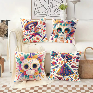 Coussins décoratifs colorés sur le thème du Jour des Morts, ornés de crânes vibrants et de motifs festifs d'art populaire mexicain. - Product Image 2