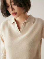 Pull en cachemire 100 % pour femme, col polo, col en V ouvert, coupe ample, manches longues, style minimaliste, décontracté, pour tous les jours