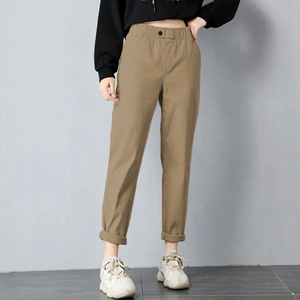 Khaki High Waisted Casual Pants Women Cotton Canvas Elastic Waist Slim Fit Cropped Style JN-8618 - Product Image 1