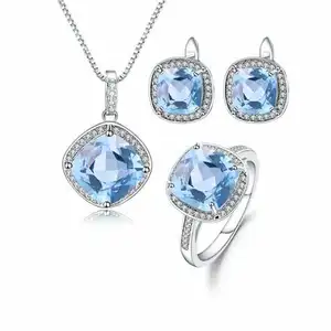 Wholesale 925 Sterling Silver Jewelry Natural Blue Topaz Ring Pendant Earrings Natural Blue Topaz Jewelry Set