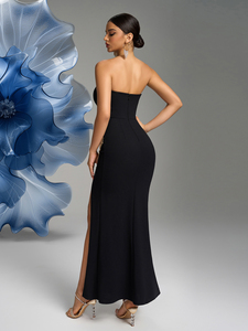 Hạt sang trọng chắp vá quây được trang bị eo không tay backless cao Slit Bodycon Đen Maxi Evening Gown DRESS với dây kéo - Product Image 2