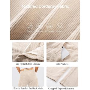 FOXA Pantalon en velours côtelé pour femme, coupe large, taille mi-haute, taille élastique, décontracté, 100 % coton respirant avec poches - Product Image 5