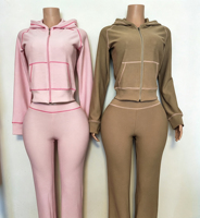 Ensembles de vêtements de détente en tricot gaufré personnalisés pour femmes, Body Basics, veste à capuche zippée et pantalon évasé, vêtements de détente pour femmes, ensembles 2 pièces