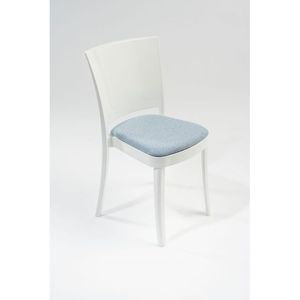 Sedia in policarbonato bianco Lucienne con cuscino in tessuto TREVIRA blu con schienale imbottito per sala da pranzo - Product Image 1