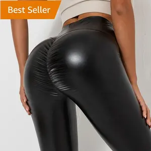 Pantalones de cuero sintético para mujer, mallas de compresión con realce de trasero, color negro, cintura alta