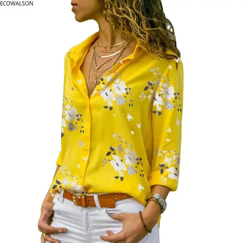 2022 Long Sleeve Plus Size Women's Blouses Floral Turn-down Collar Blouse Shirt Casual Tops Elegant Work Wear Chiffon Shirts