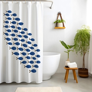 Navy Blue School of Fish Shower <strong>Curtain</strong> Polyester Waterproof <strong>Nautical</strong> Ocean Themed Bathroom <strong>Curtain</strong> - Product Image 2
