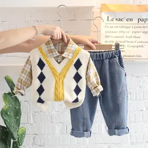Autumn Children's Clothing Baby Set Wholesale Sweater Plaid Shirt Set Boys' Jeans Children's Cloth Set British Style