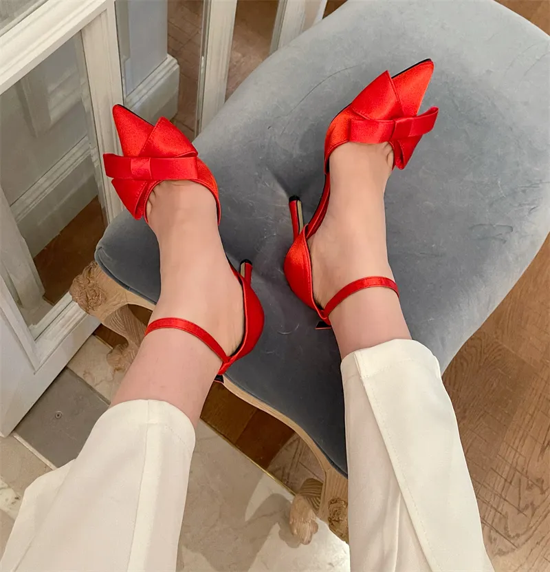 Brand shoes wedding collection satin ribbon bow detail ankle wrap lady pumps high heel pointed toe D'Orsay women footwear