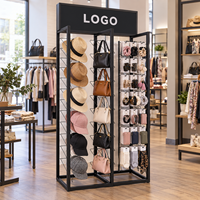 Présentoir en métal noir avec logo personnalisé, support vertical autoportant en grille pour sacs, chapeaux, magasins de détail