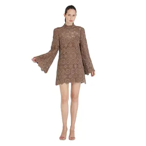 New Design CB Slit High Neck Long Sleeve Raw Edge Hemline Mini Crochet Dress