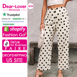 Dear-Lover <span class=keywords><strong>Pantaloni</strong></span> Larghi da Donna <span class=keywords><strong>con</strong></span> Stampa a Pois Bianchi e Tasche Applicate, Vendita all'Ingrosso - Product Image 1