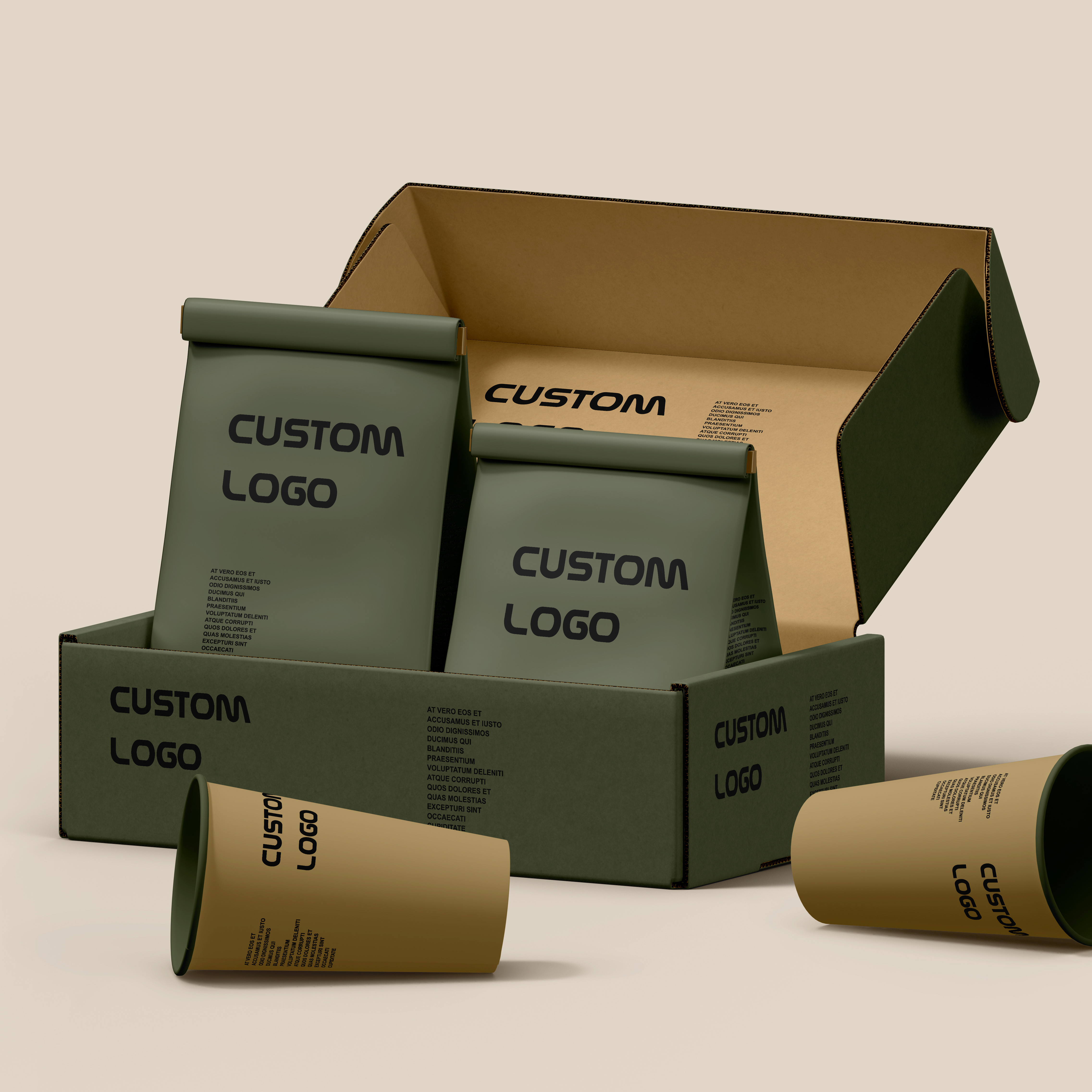 Premium Custom Logo Green Mailer Box with Matching Pouches Cups for Food Gift Sets