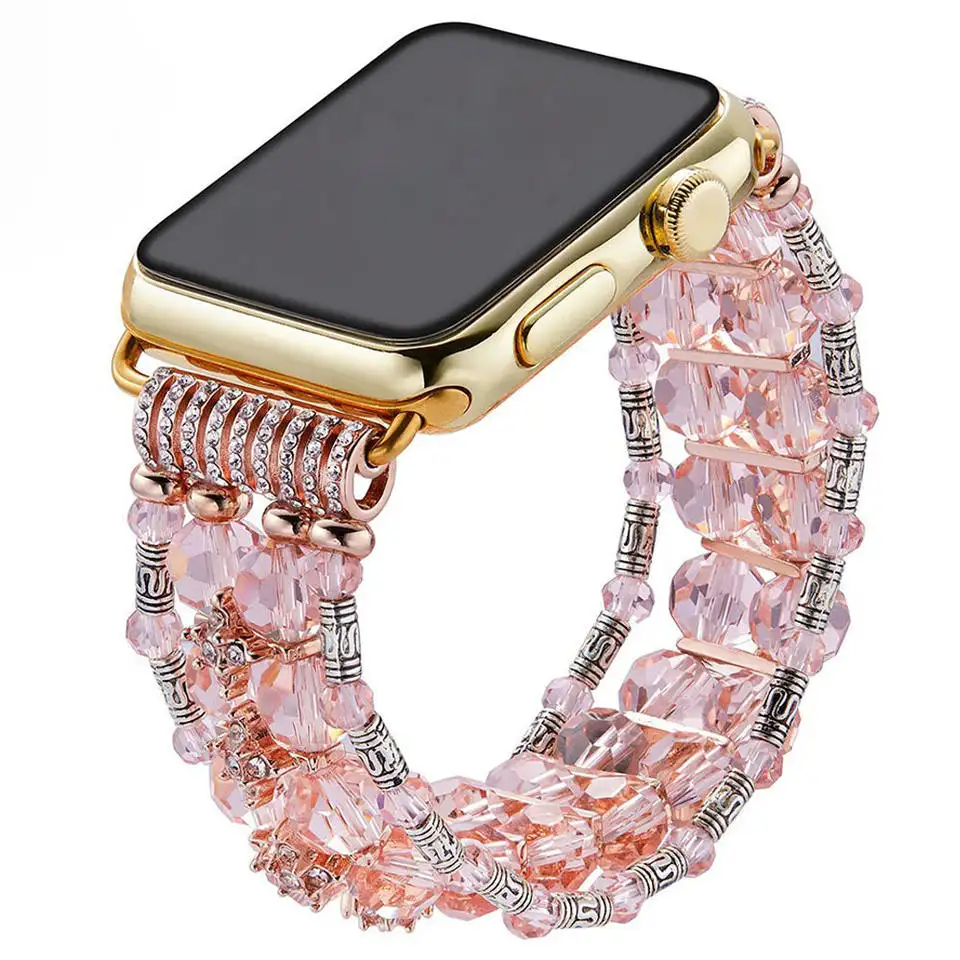 Rose Charm Band Elastic Bracelet Uhren armband Armband Uhren armband Perlen Gold Pearl Luxus für Mädchen Armband Pink für Apple