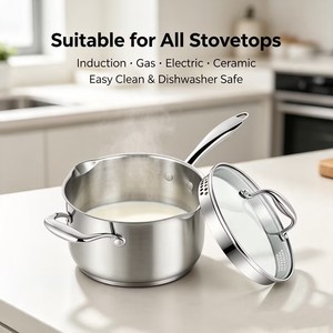 Ensemble d'ustensiles de cuisine en acier inoxydable, casserole à induction avec bec verseur et couvercle en verre avec <span class=keywords><strong>passoire</strong></span>, écologique, compatible lave-vaisselle et four - Product Image 1
