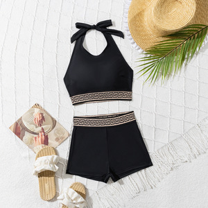 Maillot de bain deux pièces pour femme, couleur unie, style halter, avec coussinets de soutien-gorge, sans armatures, SMLXL, YR109, en polyester, avec culotte, style européen et américain - Product Image 2