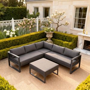 Ensemble de salon d'extérieur de luxe en 5 pièces avec structure en métal robuste, coussins personnalisables et ottoman pour un jardin ou un patio haut de gamme - Product Image 1