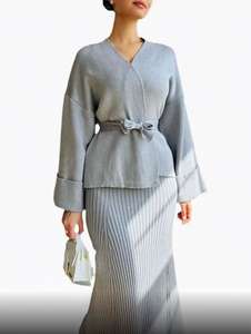 Conjunto de Dos Piezas de Suéter Elegante para Mujer de Otoño/Invierno, Cárdigan de Punto con Cuello en V y Mangas Anchas, <span class=keywords><strong>Falda</strong></span> Larga Ajustada a <span class=keywords><strong>Media</strong></span> Pierna - Product Image 6