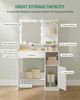 Miroir de coiffeuse moderne et écologique avec éclairage LED, 3 étagères, 4 compartiments ouverts, grand tiroir, armoire réglable