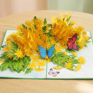Carte de vœux florale 3D pop-up faite à la main, fleurs de marguerite jaunes, papillons, art de la découpe de papier, artisanat, forme personnalisée, design découpé à la forme - Product Image 2