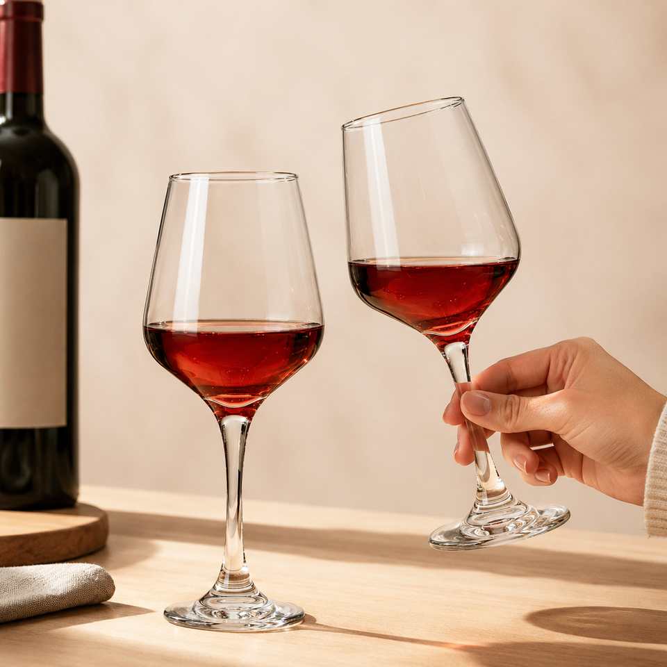Clear stemmed wine glasses with rounded bowls