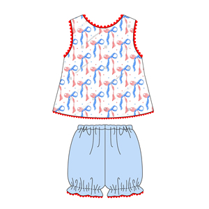 Completo per Bambine Personalizzato con Top Stampato a Fiocco e <span class=keywords><strong>Pantaloncini</strong></span> <span class=keywords><strong>Rossi</strong></span>, Set con Ricamo e Bordo Ric Rac in Cotone, <span class=keywords><strong>Outfit</strong></span> per il 4 Luglio - Product Image 6