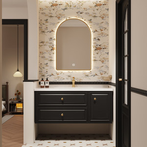 French retro ceramic integrated basin intelligent lighting <b>mirror</b> solid wood American style light luxury bathroom cabinet - Product Image 5