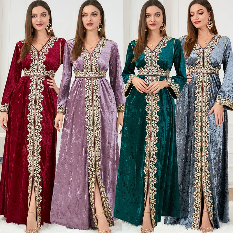 Hot Selling Modest Arabisch Muslim Frauen Kleid V-Ausschnitt Elegante Samt Abaya Robe Abendkleid Naher Osten Kaftan Kleider