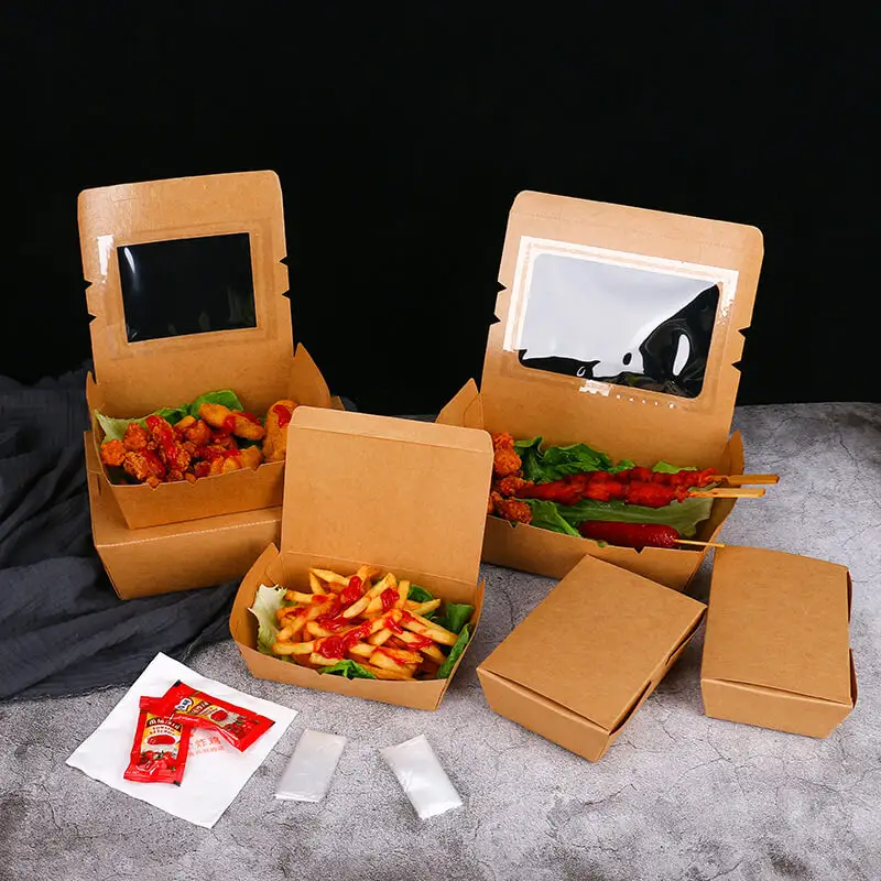 Fast Lunch Tray With Cardboard Lid Kraft Takeaway Custom Paper Take Out Food Boxes