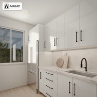 Meuble de cuisine sur mesure à finition ultra brillante, aménagement moderne en îlot, livraison en kit, boîtes de rangement en contreplaqué et rangement coulissant