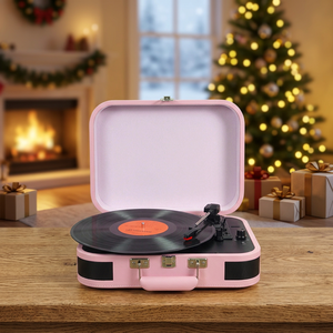 Tourne-disque vintage en bois brun style valise avec haut-parleurs stéréo intégrés 5.0+, un cadeau de Noël pour un ami - Product Image 1