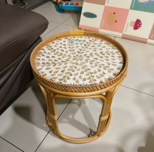 Boho Handwoven Rattan Side <b>Table</b> Mother of Pearl Top <b>Round</b> Small Coffee <b>Table</b> <b>Bedside</b> Nightstand for Home Decor - Product Image 4