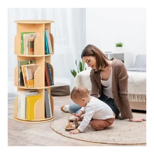 New Wooden Rotating Bookshelf Kids Montessori Revolving Bookcases Storage Decoration For Home Toddler