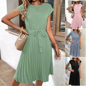 Abiti Casual Eleganti per Donne Direttamente dalla Fabbrica, <span class=keywords><strong>Vestito</strong></span> Estivo a Maniche Corte con Cintura e Pieghe, Abito <span class=keywords><strong>Midi</strong></span> per Ufficio e Lavoro - Product Image 1