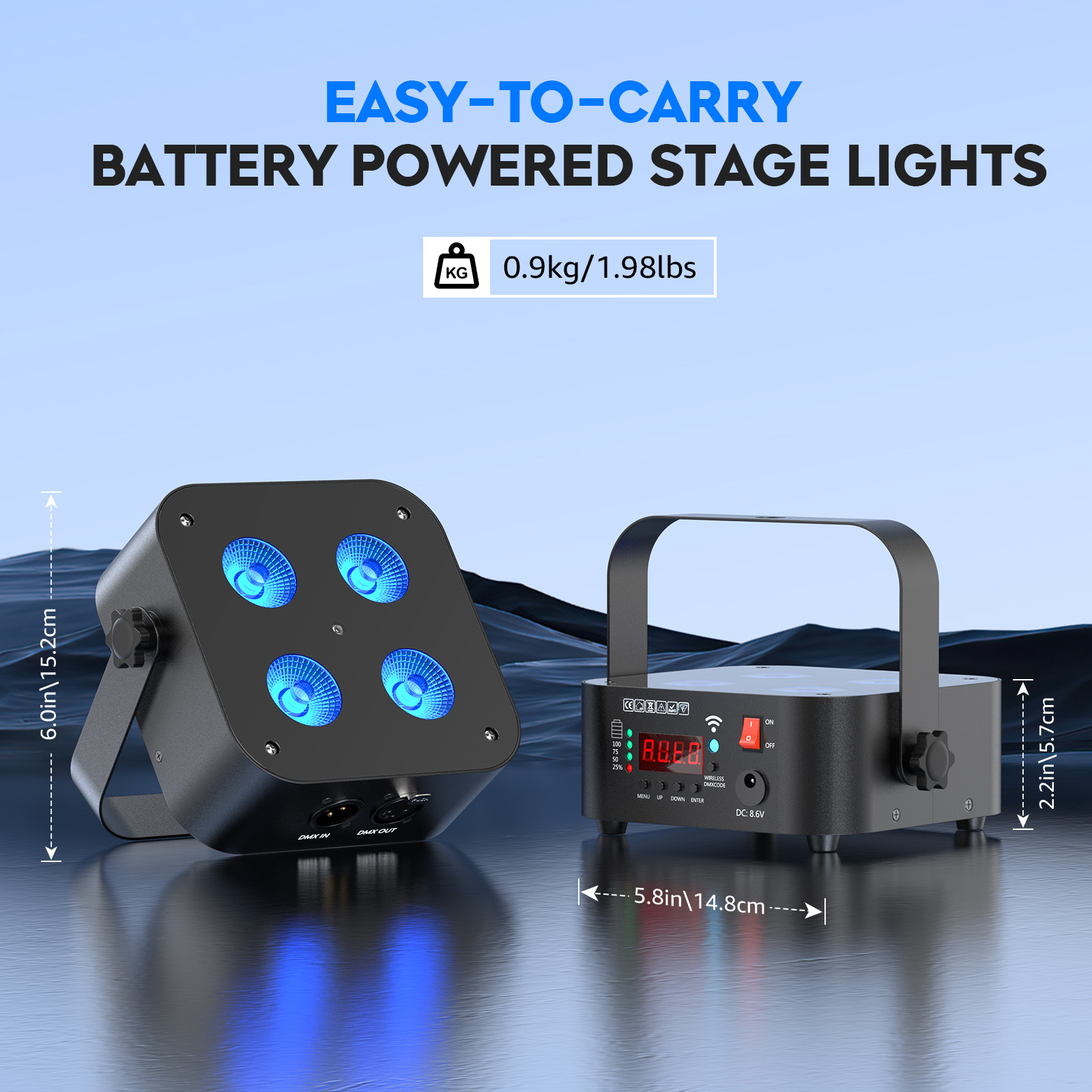 Projecteur LED Rechargeable RGBWA+UV 6x18W - 9600mAh, Télécommande/Appli/DMX512 - Pour Fêtes, Mariages, DJ