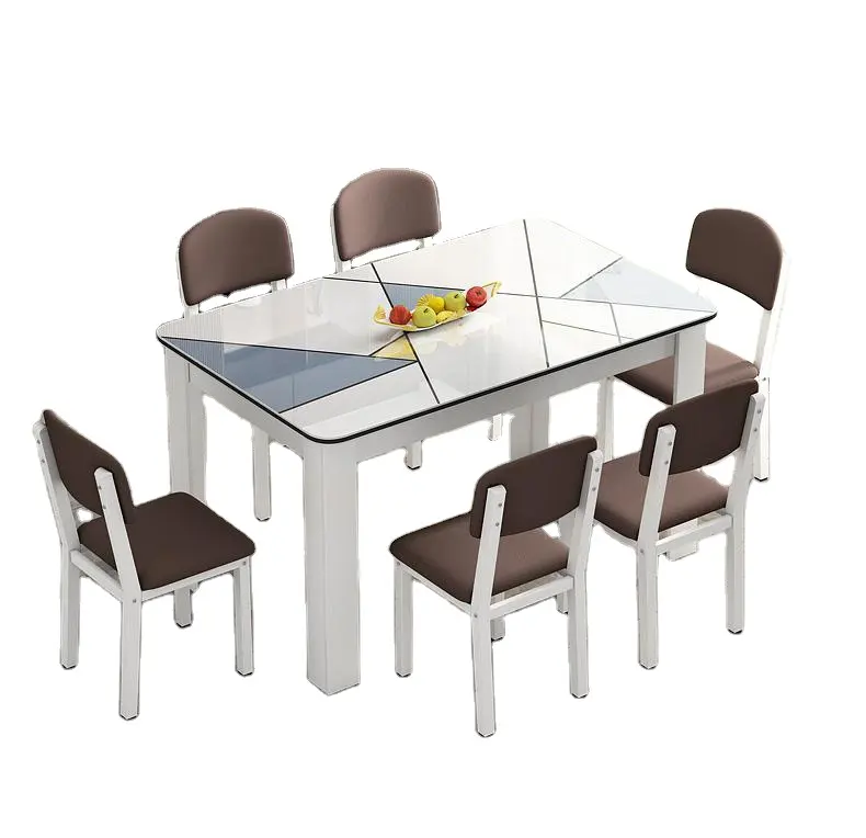 Dikdörtgen İskandinav tarzı yemek masası ahşap yuvarlak masa ve sandalye mutfak yemek odası için kompakt uzay çelik çerçeve