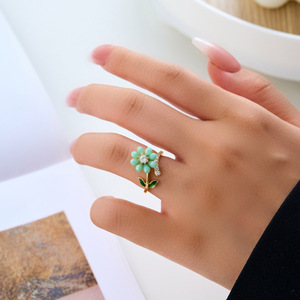 Flower Shaped <b>Adjustable</b> <b>Ring</b> For Women Gold Plated With Green Enamel And Diamond Accents Micro Pave Design Gift Jewelry - Product Image 2