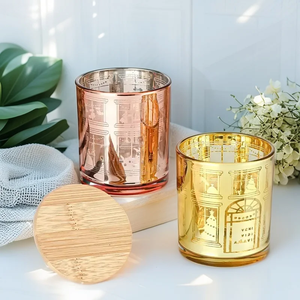 Pot à bougie <span class=keywords><strong>en</strong></span> verre coloré électroplaqué <span class=keywords><strong>de</strong></span> 220 ml et 315 ml avec couvercle <span class=keywords><strong>en</strong></span> bambou et métal – Vente chaude - Product Image 2
