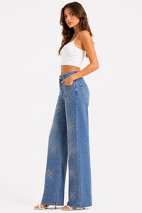 Jeans in Denim a Vita Alta e Gamba Larga con Ricami di Paillettes Vestibilità Comoda Lunghezza Intera Stile Casual Blu Chiaro in Cotone - Product Image 4