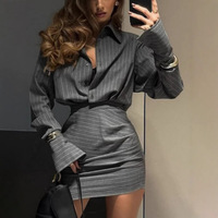 Ensemble décontracté deux pièces de haute qualité pour femme, style européen et américain, printemps-été, haut rayé en polyester et jupe courte